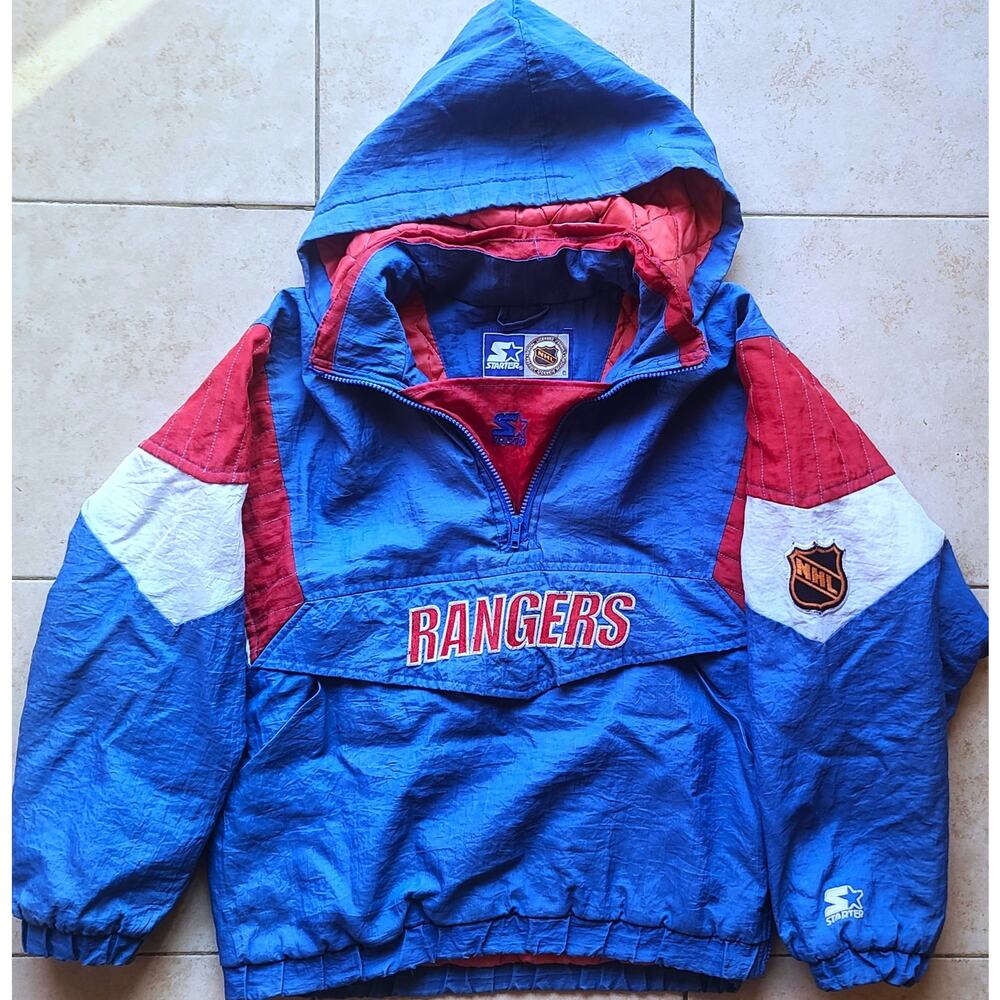 New York Rangers 90s STARTER puffer Pullover 1/2 jacket yth L blue NHL vintage